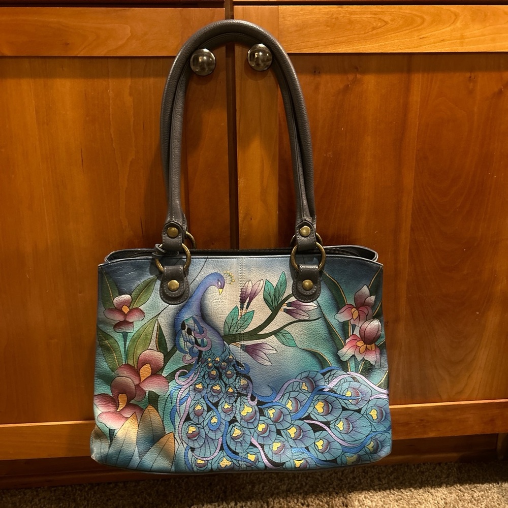 Anuschka Blue and Pink Floral Shoulder Bag